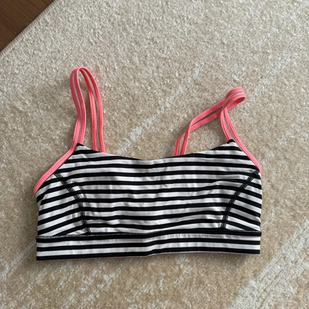 Striped Black and White Sports Bra with Pink Straps